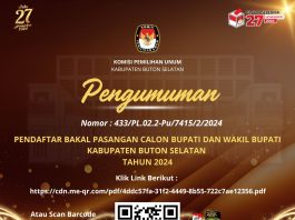 Pengumuman Pendaftaran Pasangan Calon Bupati dan Wakil Bupati Buton Selatan 2024
