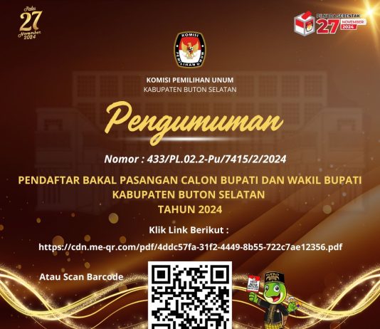 Pengumuman Pendaftaran Pasangan Calon Bupati dan Wakil Bupati Buton Selatan 2024
